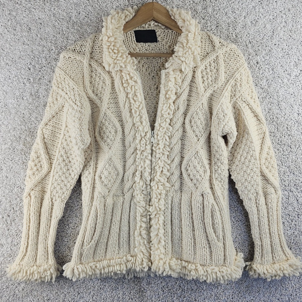 Vintage Ivory Cable Knit Fisherman Chunky Textured Cardigan Sweater Sz Sm Boho